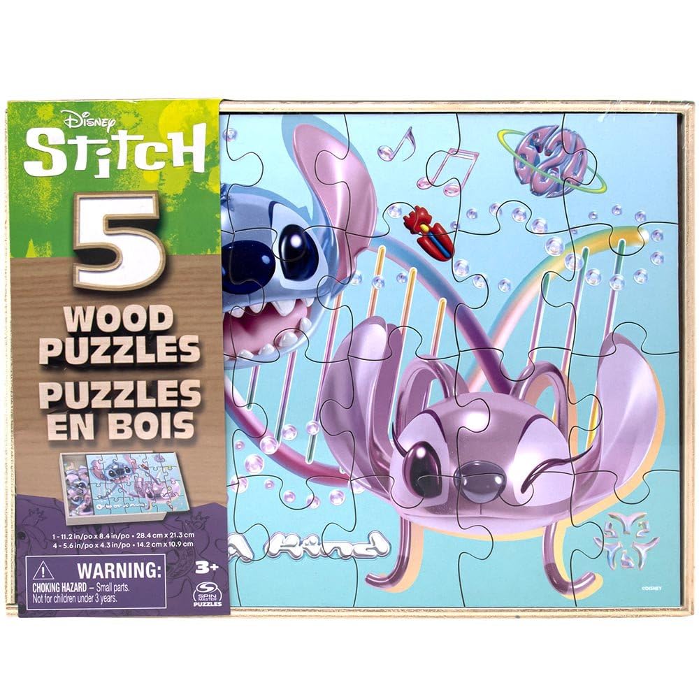Disney Stitch 5-pack wooden puzzles with storage tray promote problem-solving and tidy play.
