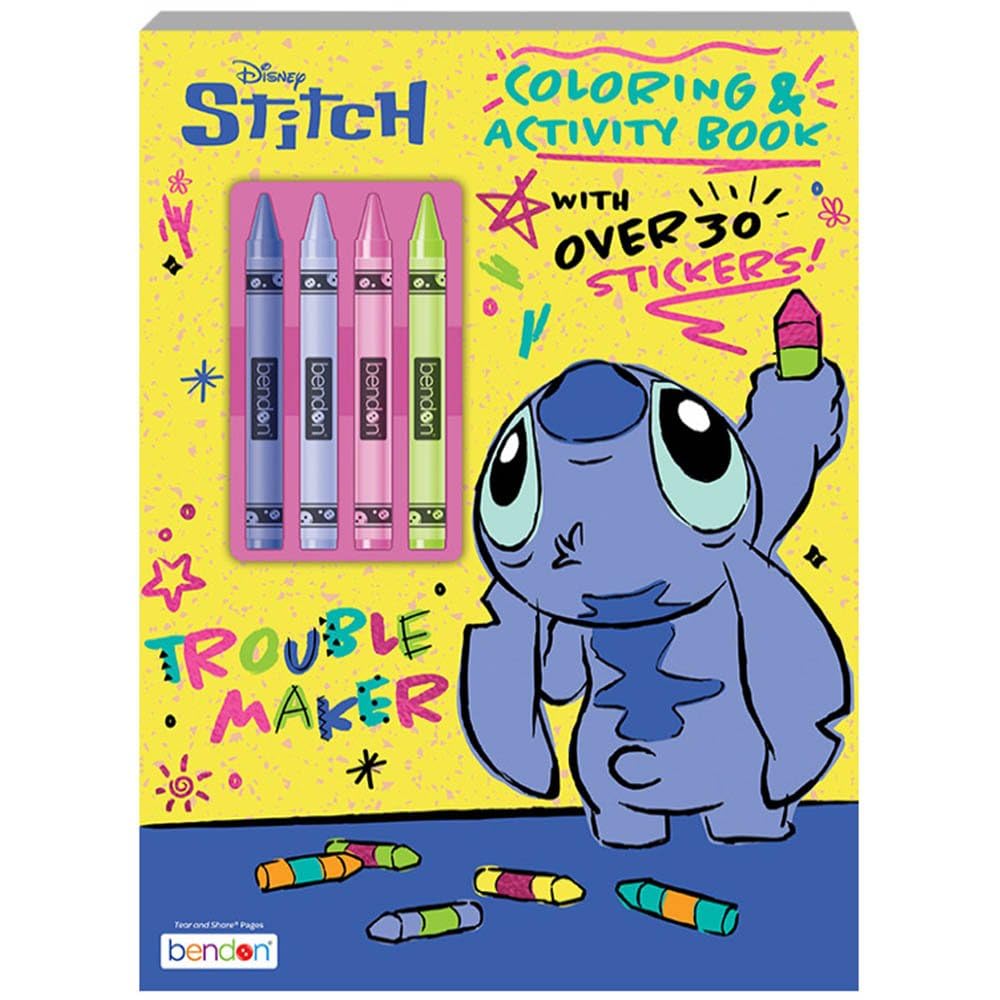 Disney Stitch coloring and activity book with crayons, ideal for travel-friendly creative play