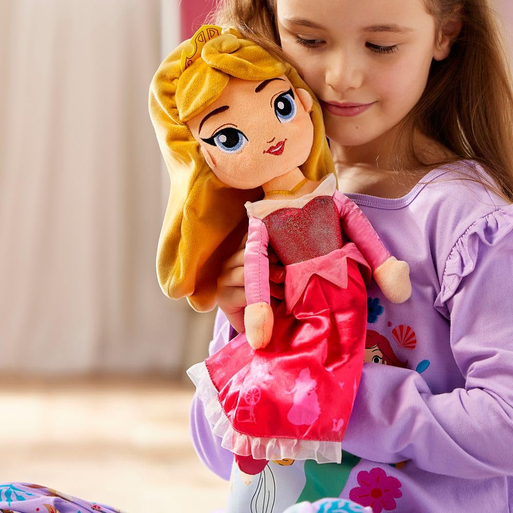 Aurora satin gown detail on Disney Store plush, premium look and soft touch