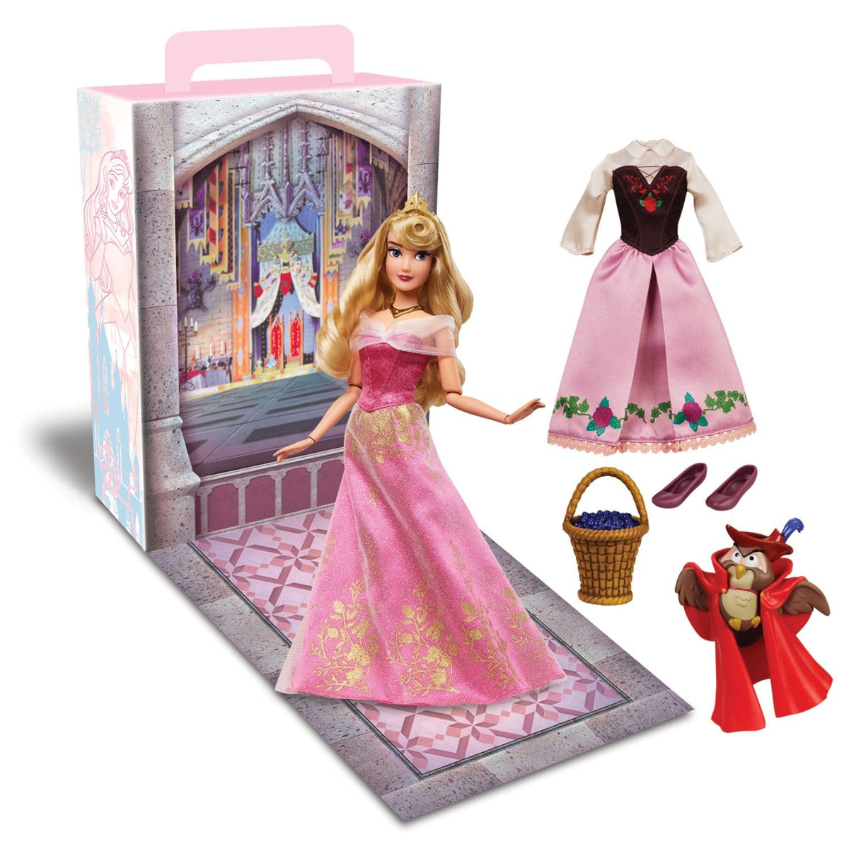 Disney Store Aurora Story Doll in satin gown for dress-up play