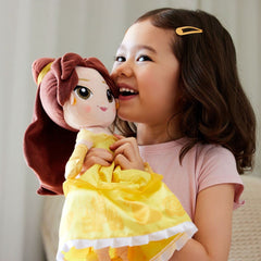 Disney Store Belle plush doll showing embroidered features for safe, kid-friendly play.