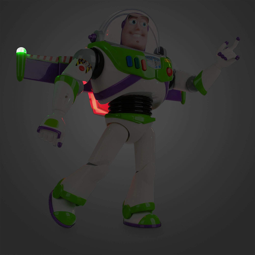 Buzz Lightyear interactive figure pressing buttons to trigger phrases during play