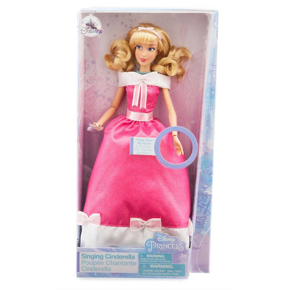 Disney Store Cinderella singing doll wearing a pink party dress with glitter details, ideal for imaginative play.