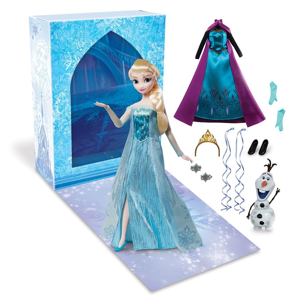 Disney Store Elsa Story Doll in blue satin gown for magical dress-up play.