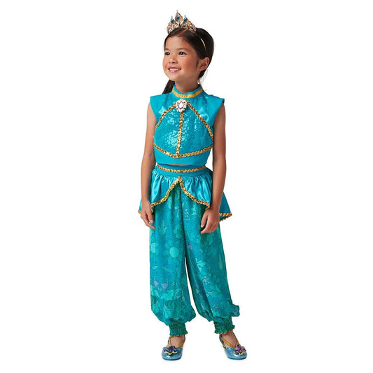 Disney Store Jasmine costume top close-up showing turquoise accents for festive styling.