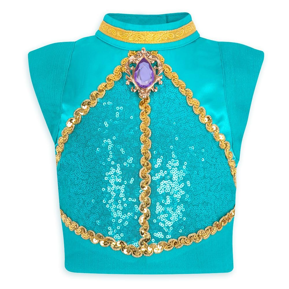 Disney Store Jasmine dress detail shows golden ribbon trim for regal charm.