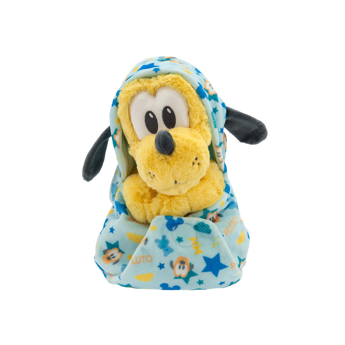 Disney Store Pluto plush close-up highlights embroidered features for a cuddly companion.
