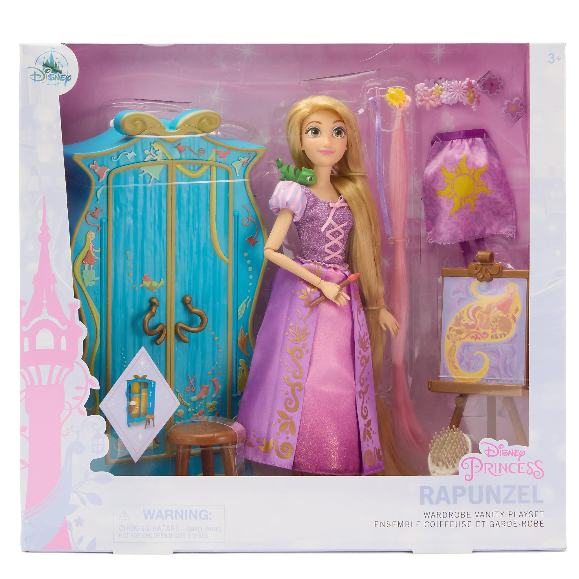 Disney Store Rapunzel complete dress-up set with doll, wardrobe, and accessories.