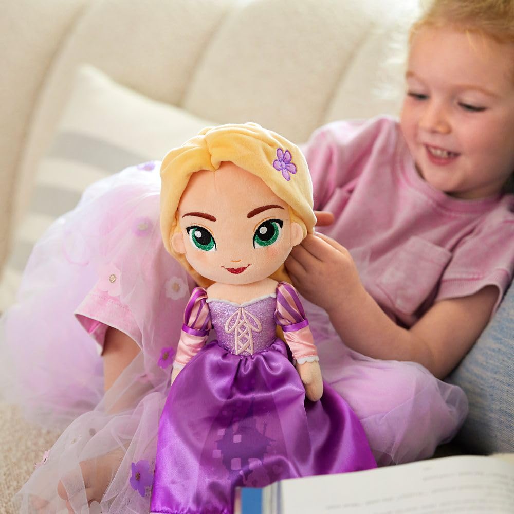 Rapunzel plush featuring a satin skirt inviting Tangled storytelling and cuddles