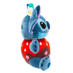 Stitch Valentine plush with chocolate-dipped strawberry print on velour midsection, whimsical design