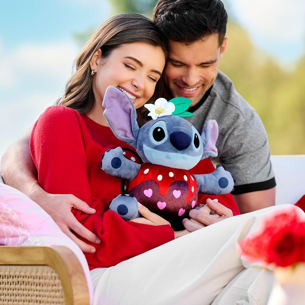 Disney Store Stitch Valentine plush with flower and leaf hair fixture, soft and huggable