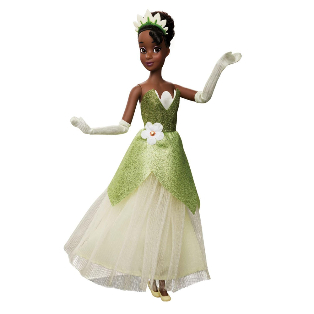 Disney Store Tiana floral tiara detail enhances princess display.