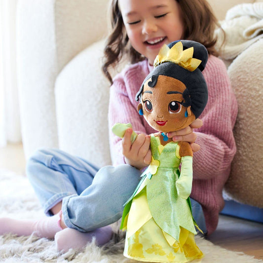 Disney Store Tiana plush with glittering eyes and shimmering gown for storytelling