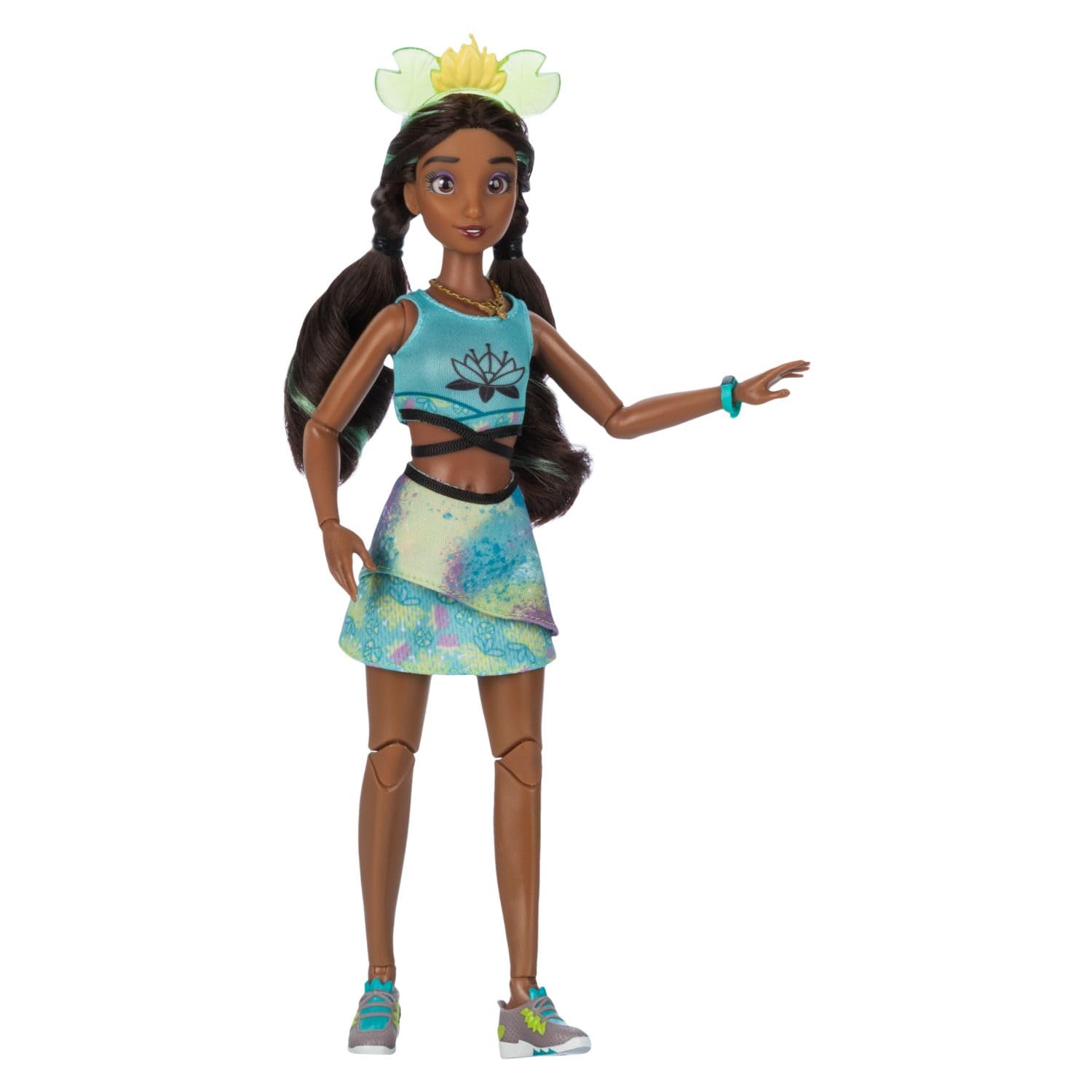 Disney Store Tiana ily 4EVER doll with headband, necklace, and frog bag.