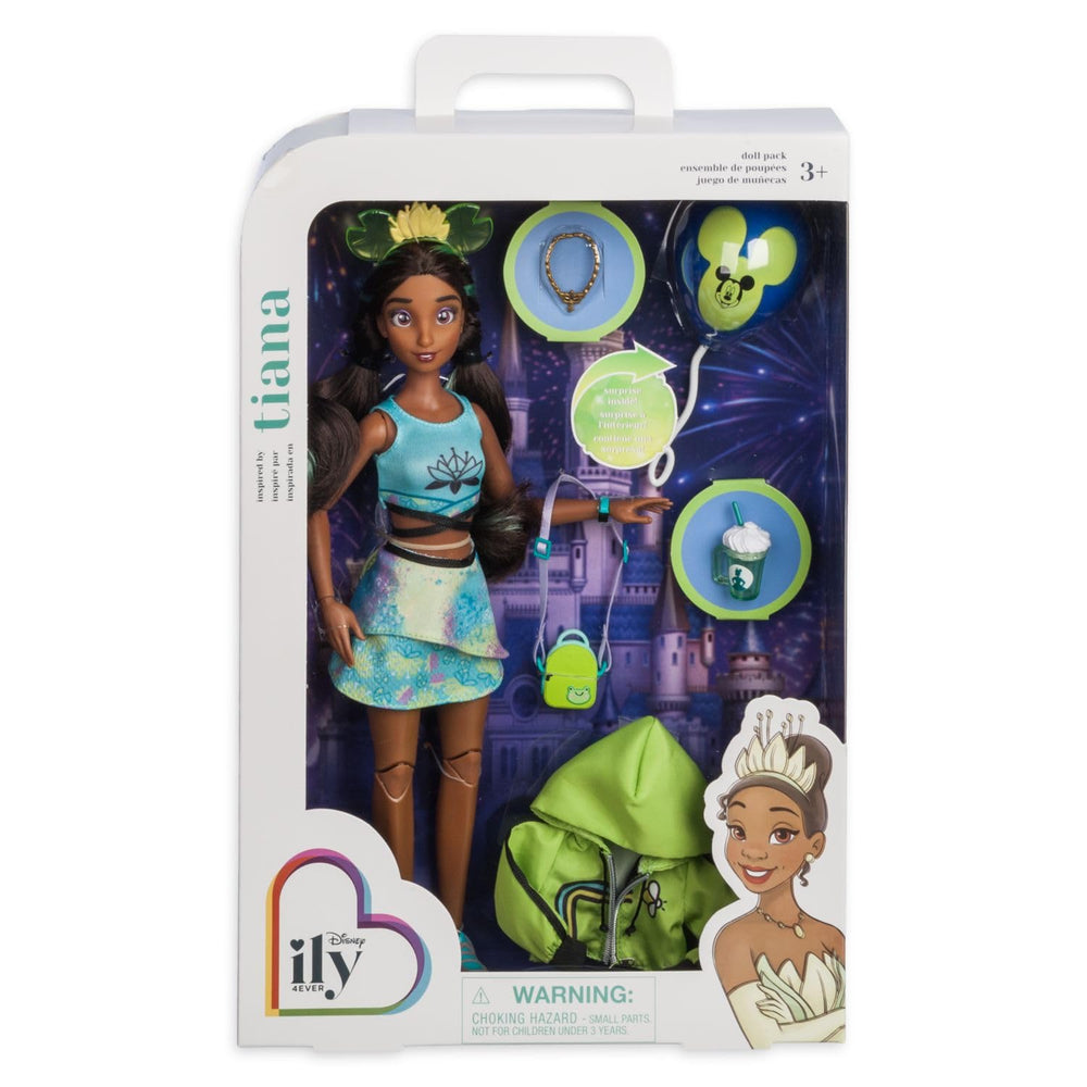 Disney Store Tiana ily 4EVER doll packaging and accessories illustration.