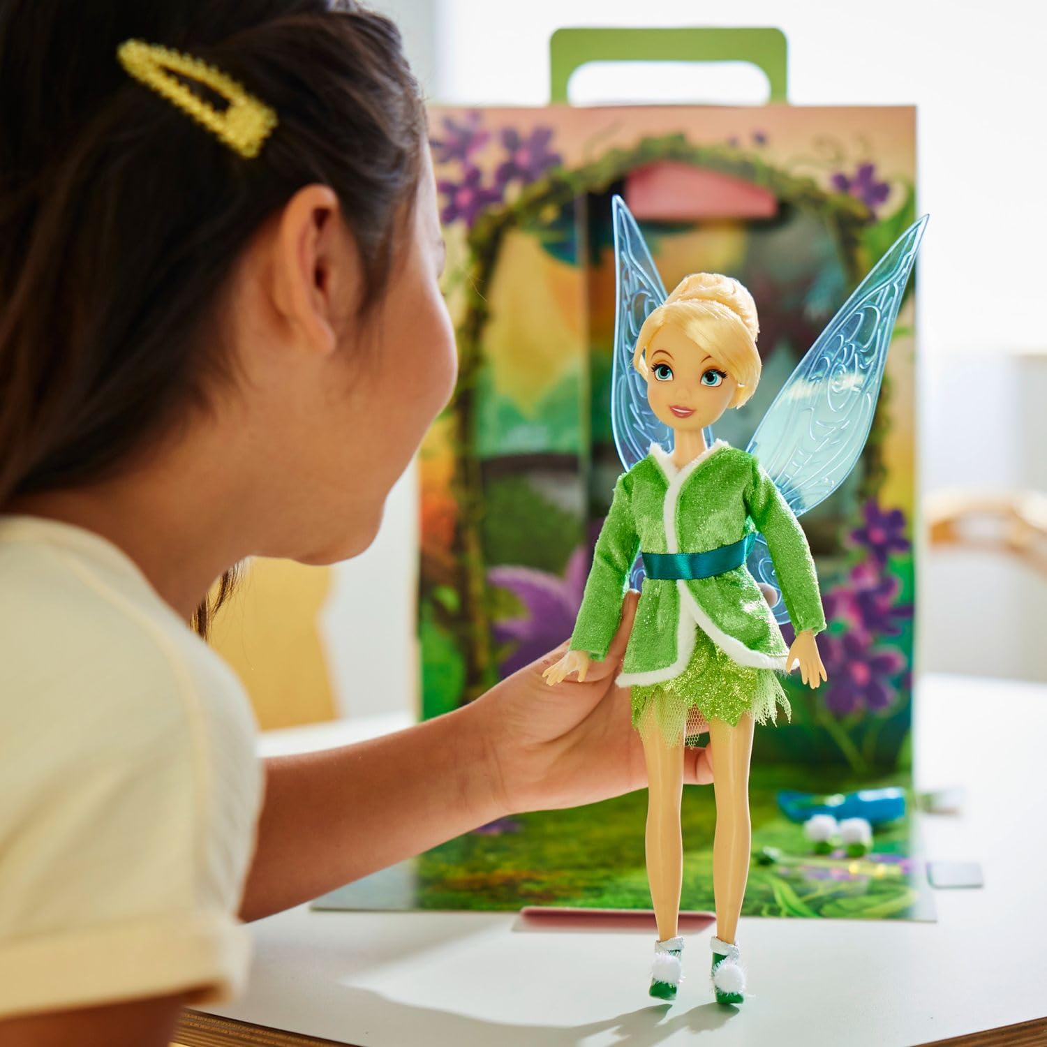 Disney Store Tinker Bell Story Doll dress detail highlights metallic fabric and mesh underskirt.