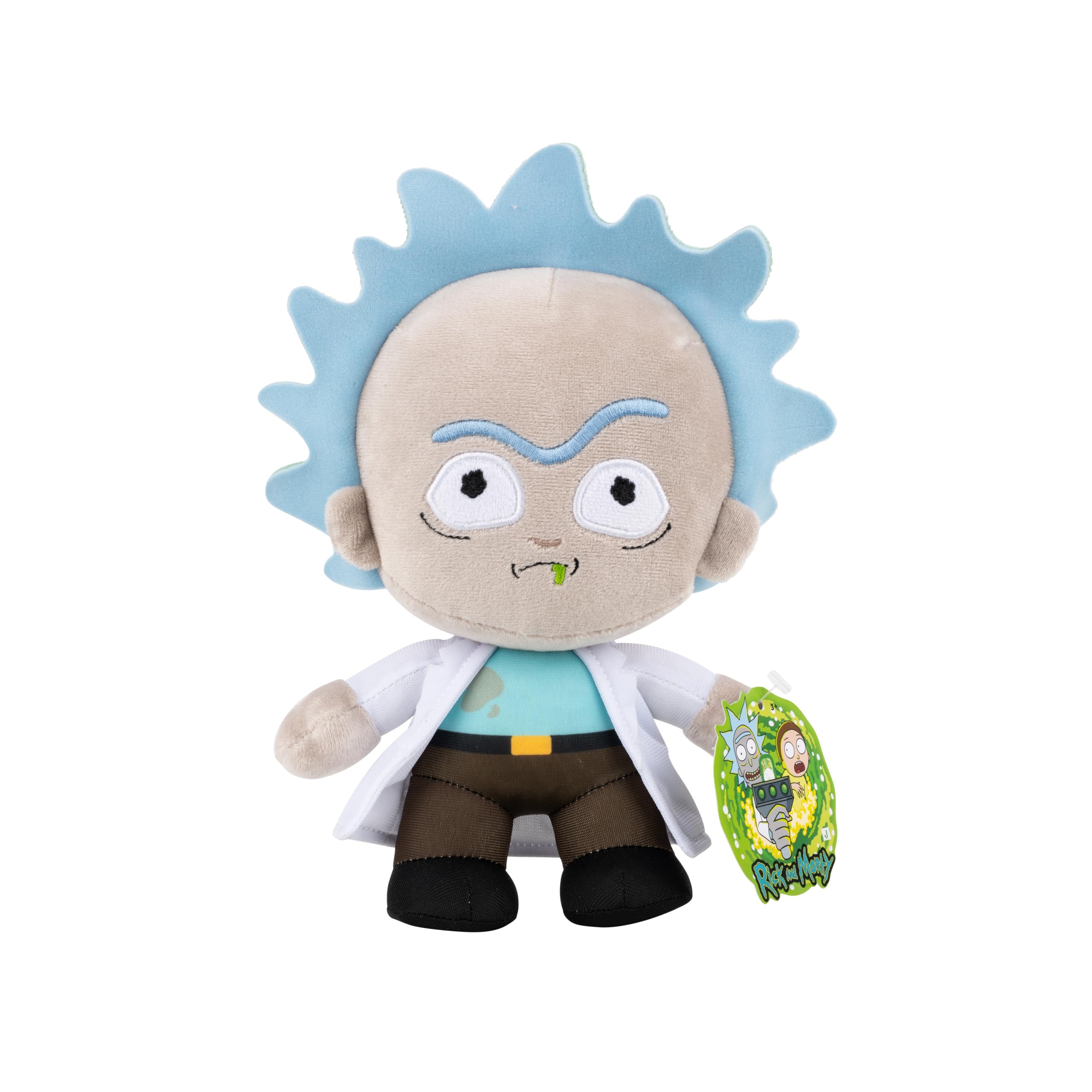 Display-ready Rick Plush from Jazwares for shelves or desks.