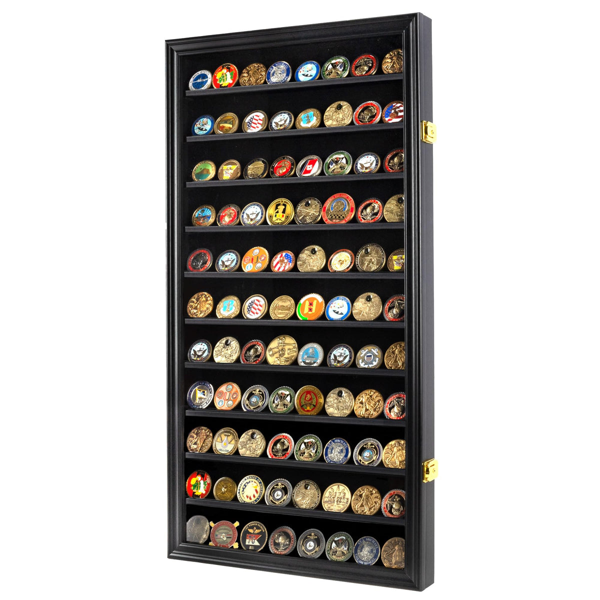 DisplayGifts military challenge coin display case wall view showing spacious 11-row layout.