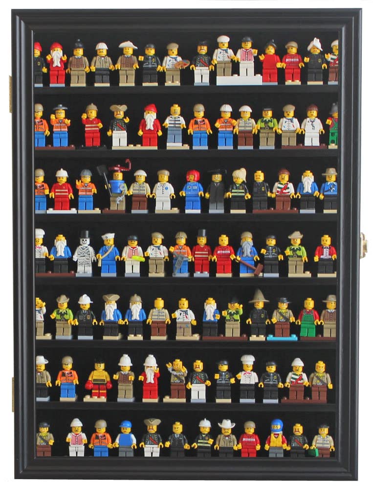 DisplayGifts Minifigure Display Case interior with felt background and foot supports for tidy alignment.