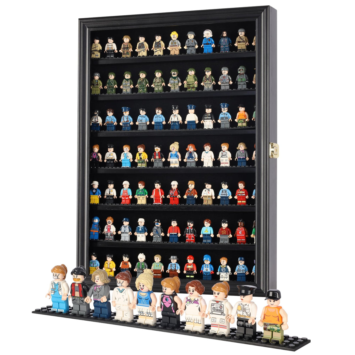 DisplayGifts Minifigure Display Case front view showing dust-free, high-visibility display.