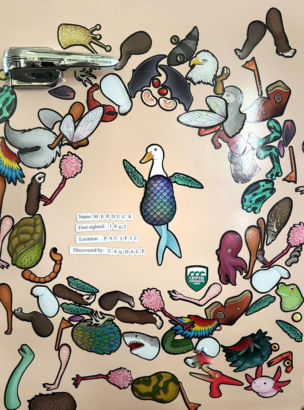 Create critters on fridge with Dissent Pins for hands-on fun.