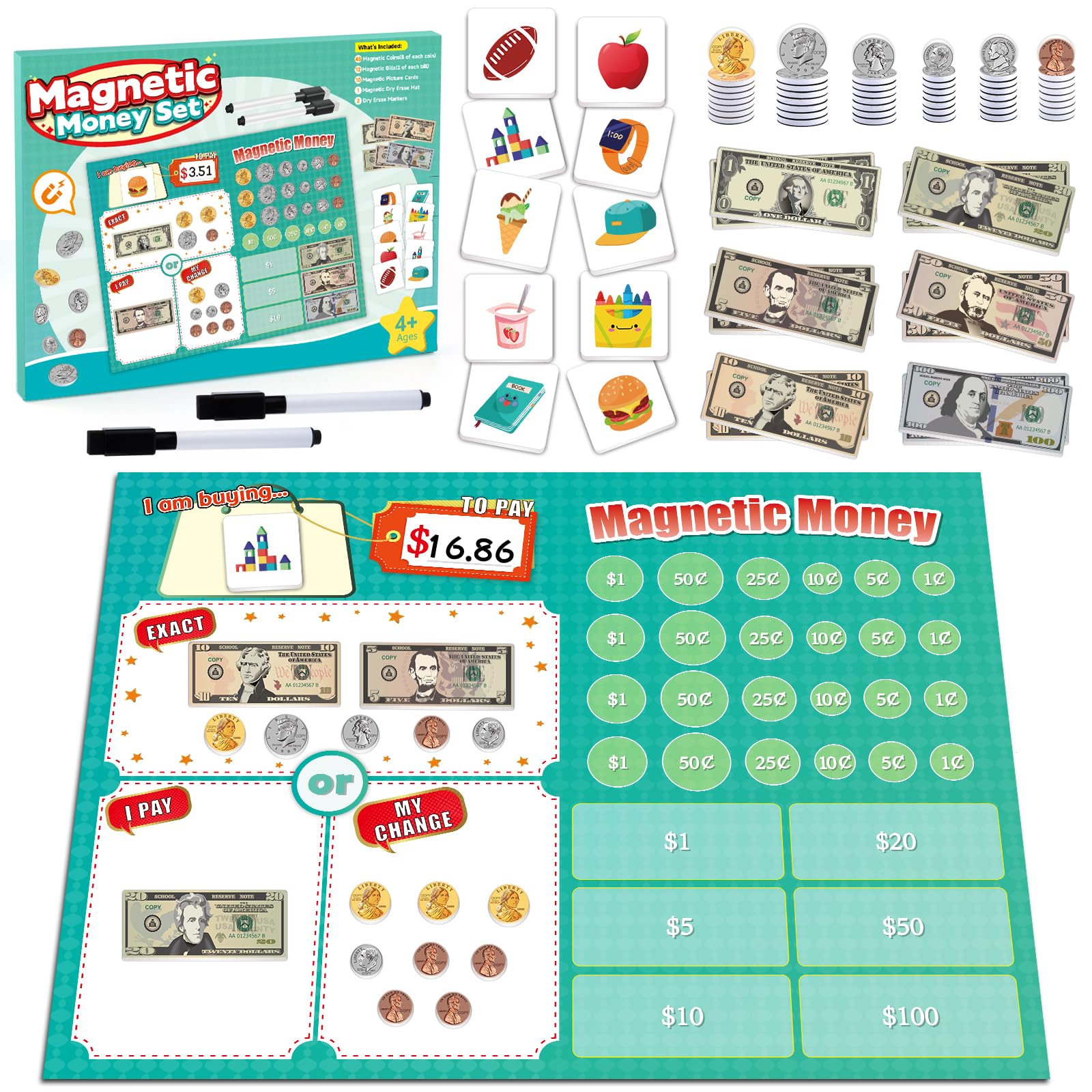 Distasio magnetic money set with bills and coins for hands-on math practice