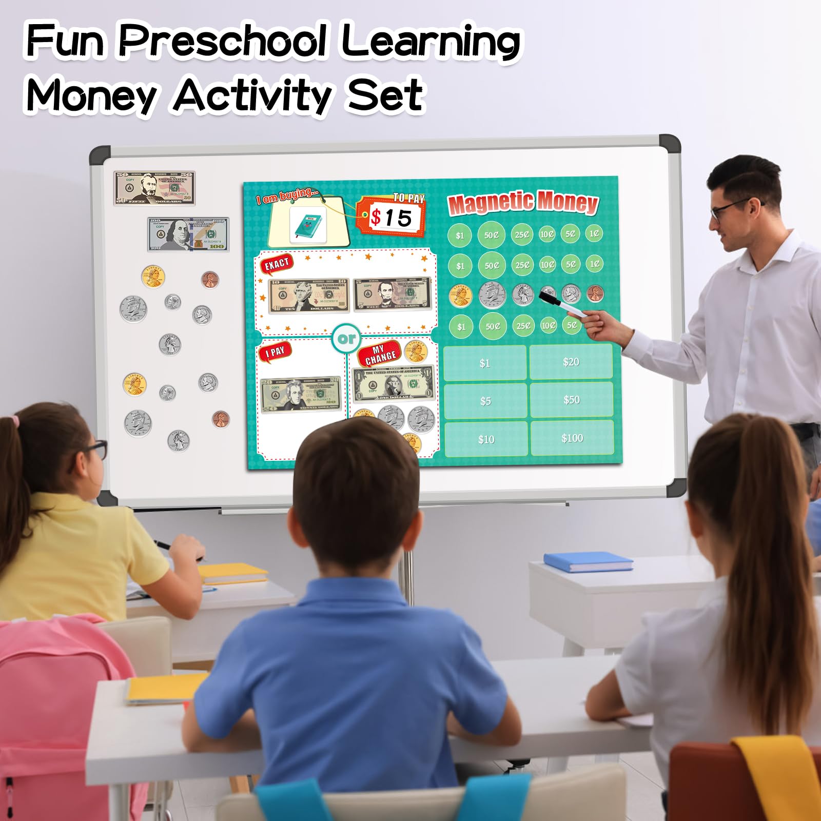 Distasio magnetic money pieces attach to boards for dynamic learning