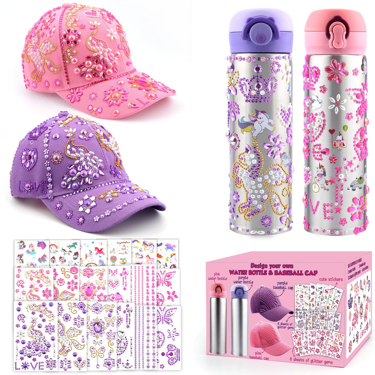 Distasio unicorn water bottle with pink cap and gems for creative school hydration.