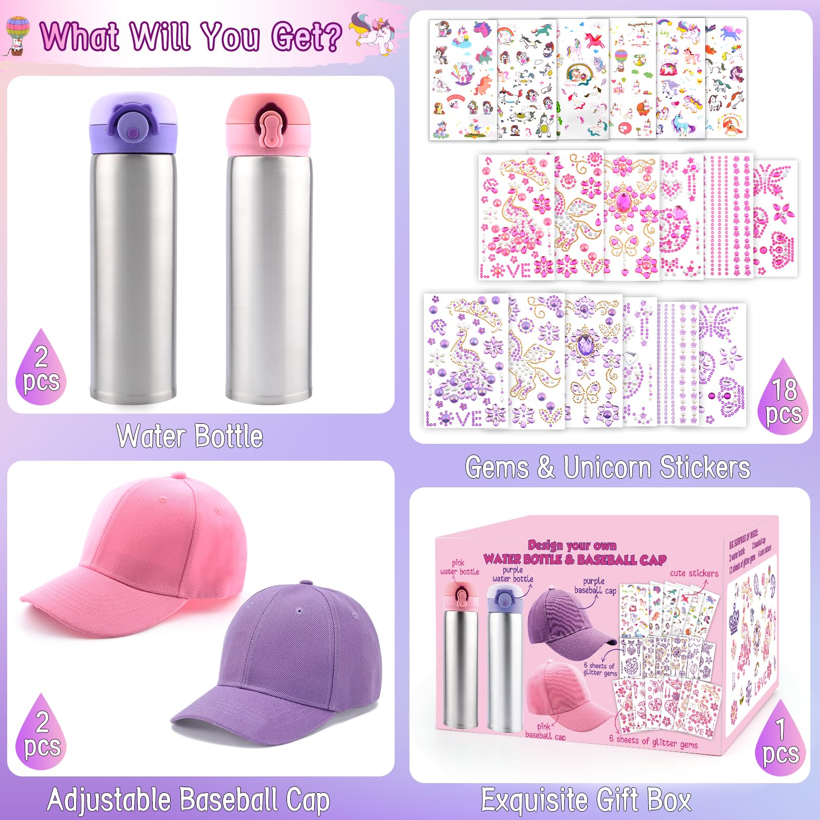 Distasio unicorn water bottle with purple cap and gems for imaginative play.