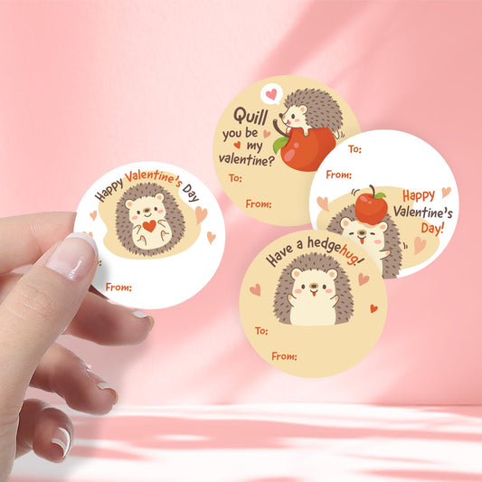 Close-up on 1.75-inch round labels featuring cheerful hedgehogs.