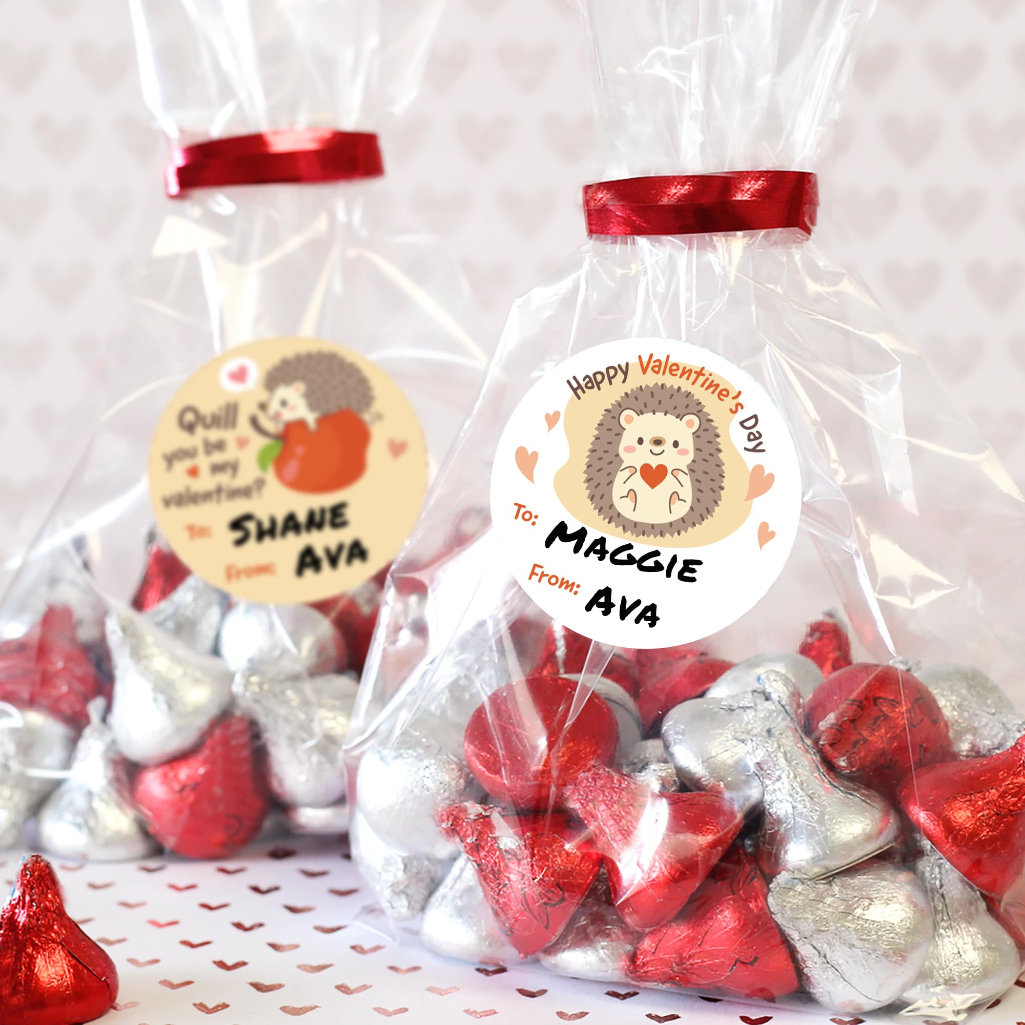 USA-made Distinctivs Hedgehog Valentine labels with kid-friendly design.