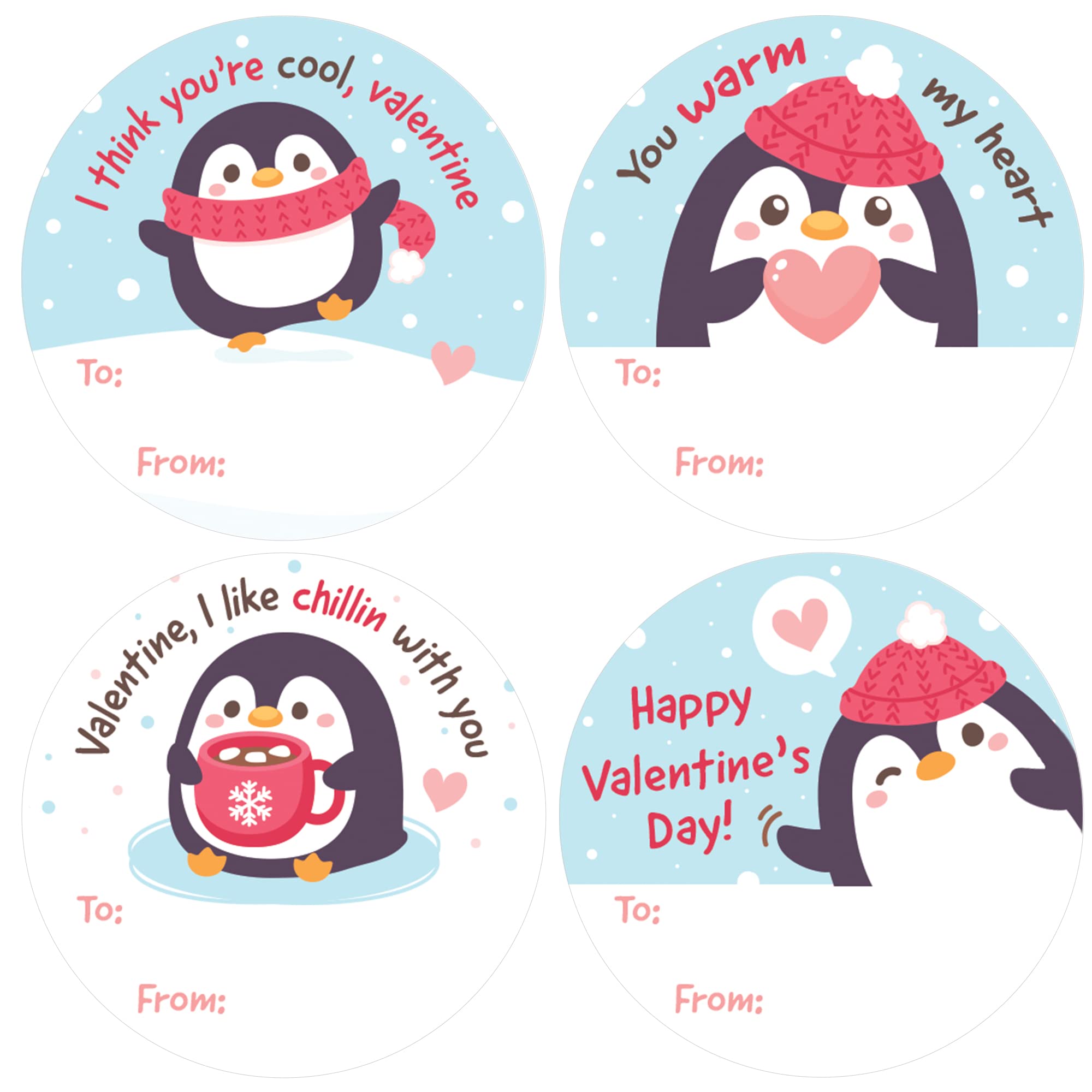 Distinctivs Penguin Valentine design 1 label on a treat bag, ideal for classroom celebrations.