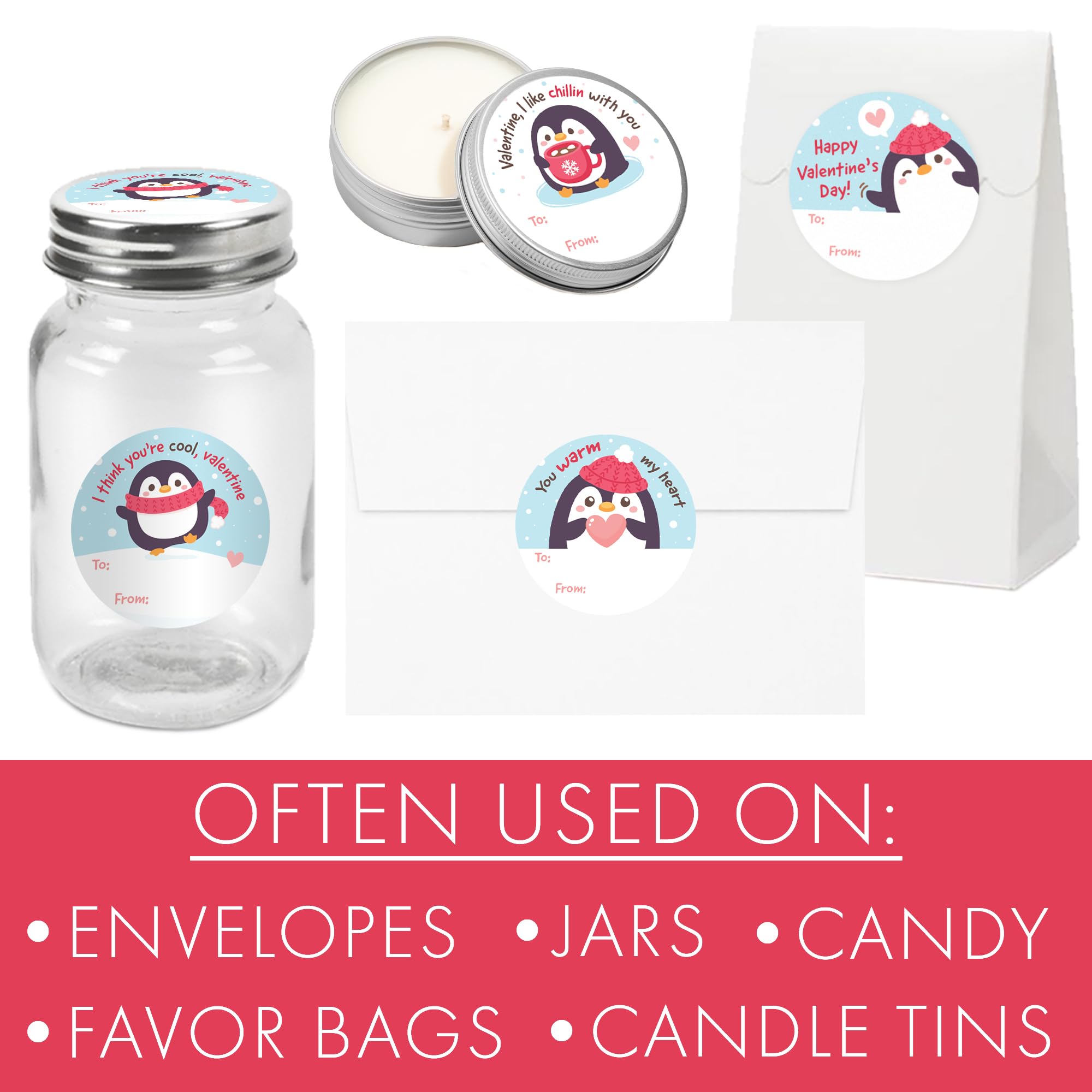 Distinctivs Penguin Valentine design 4 easy-to-use sticker tags for bags and favors.