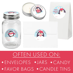 Distinctivs Penguin Valentine design 4 easy-to-use sticker tags for bags and favors.
