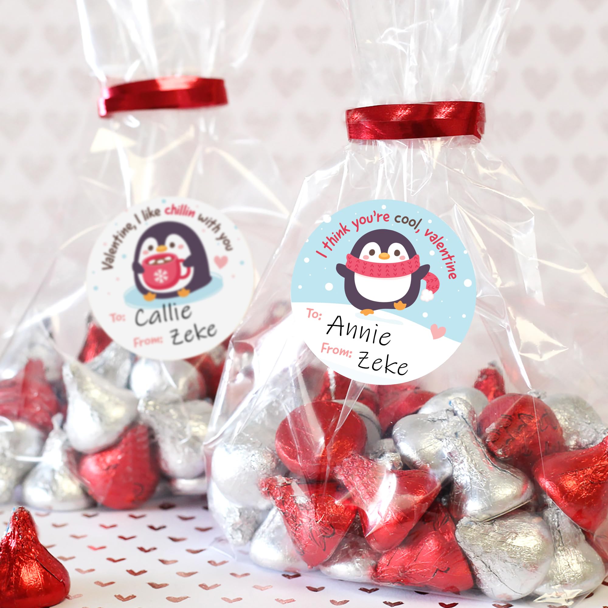 Distinctivs Penguin Valentine sticker to-from labels on fruit snacks save time and effort.