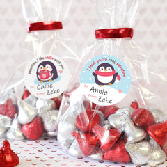 Distinctivs Penguin Valentine sticker to-from labels on fruit snacks save time and effort.