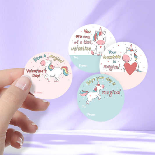 Distinctivs unicorn valentines label design B adds colorful flair to snack bag tags.