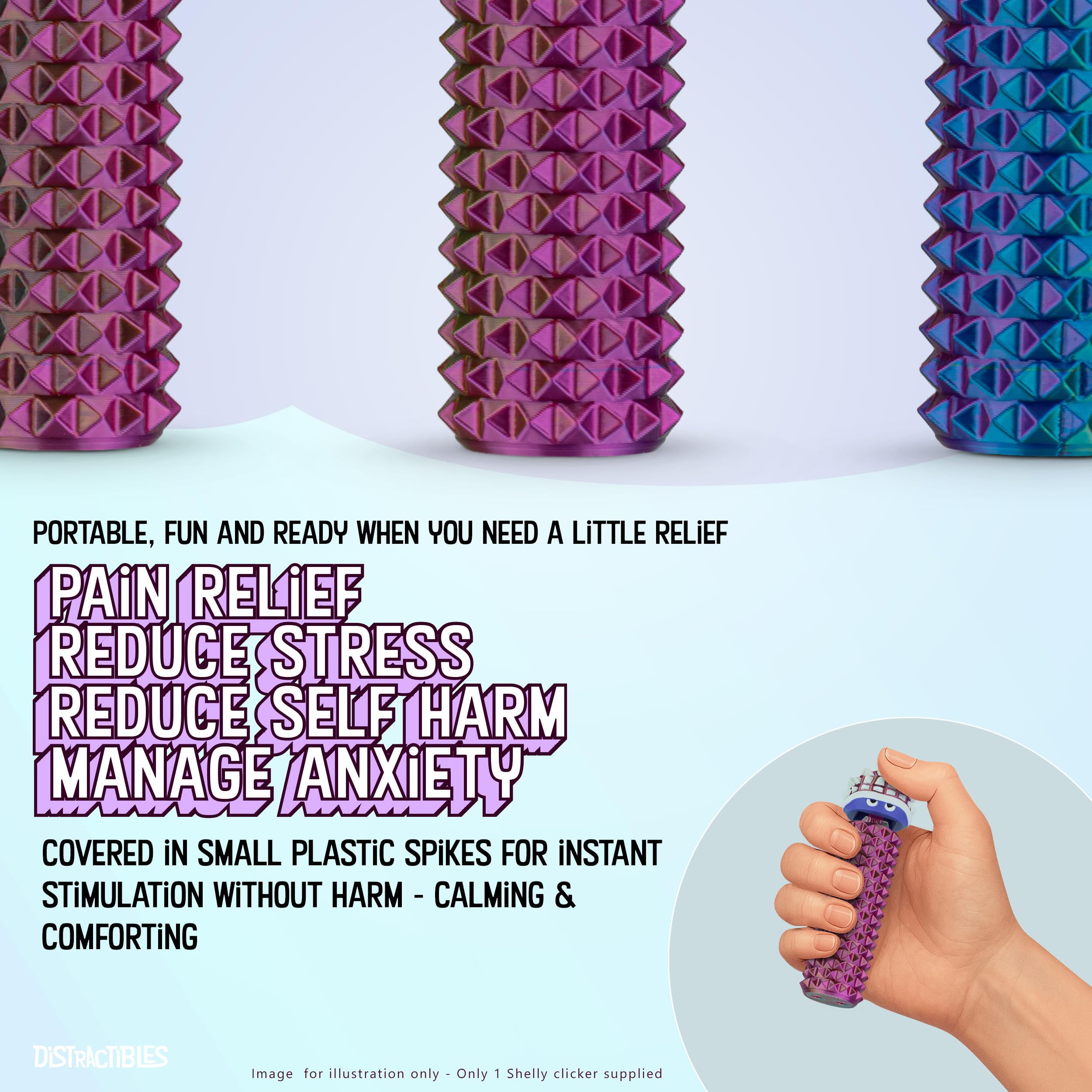 Distractibles Shelly textured surface spikes provide controlled sensory input for concentration.
