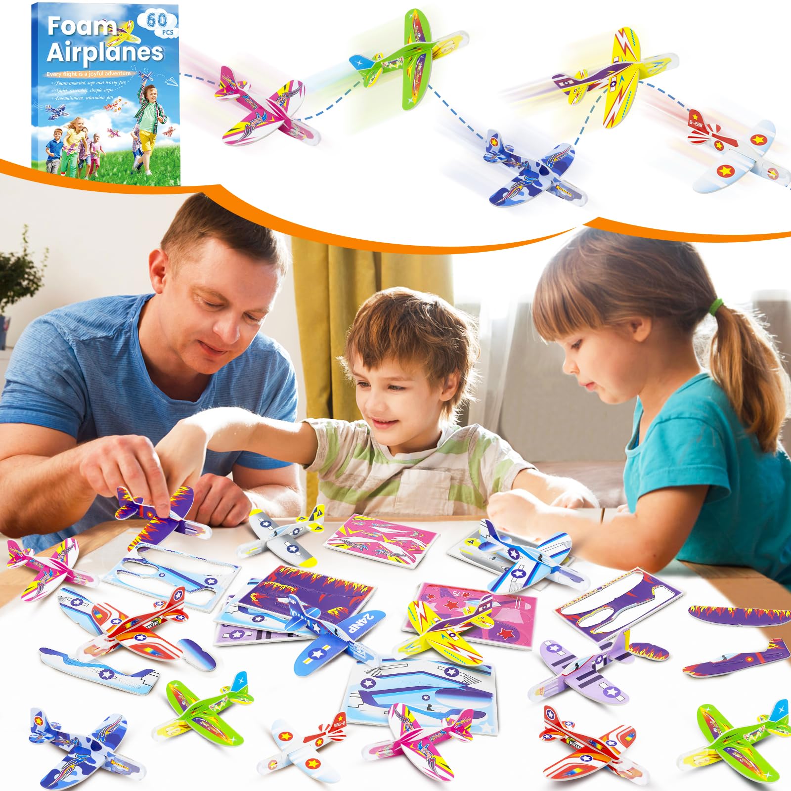 Diteryy orange foam airplane bright colors for lively parties.