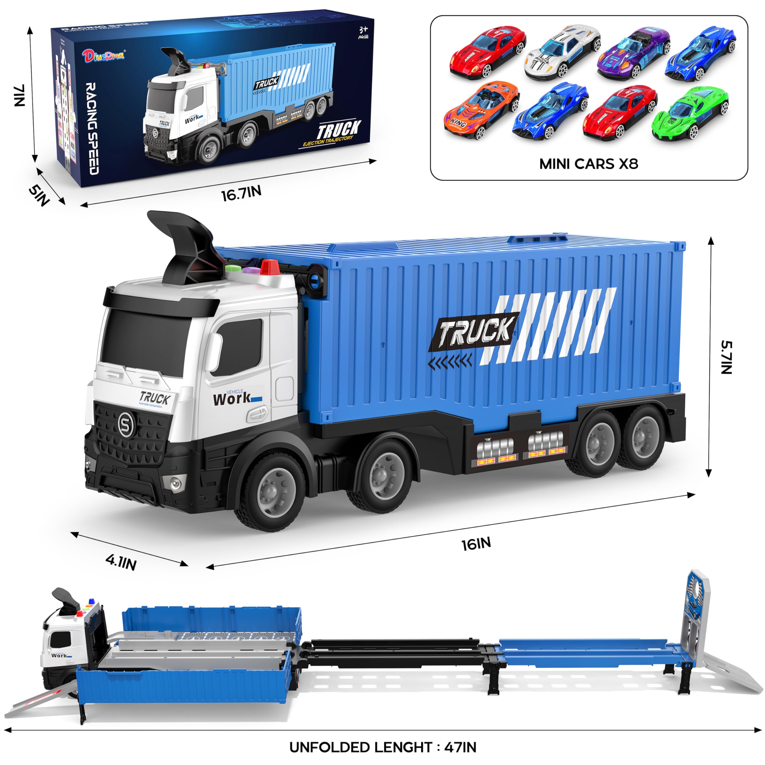 Diuerma eight die-cast race cars enable cooperative play and racing fun.