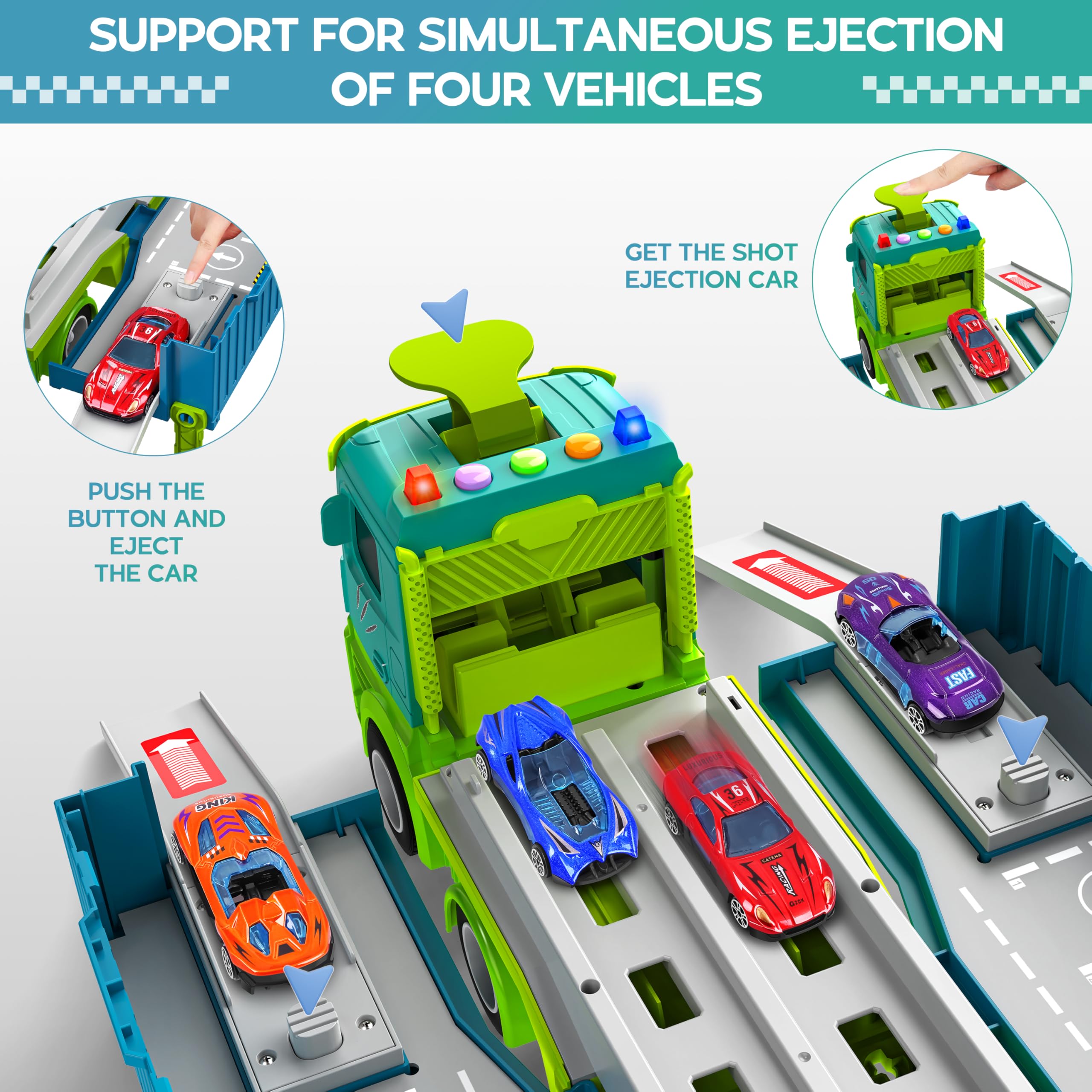 Diuerma dinosaur-truck-carrier with catapult track and 8 die-cast cars for engaging races.