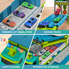 Diuerma transport truck with flashing lights and race sounds for immersive play.