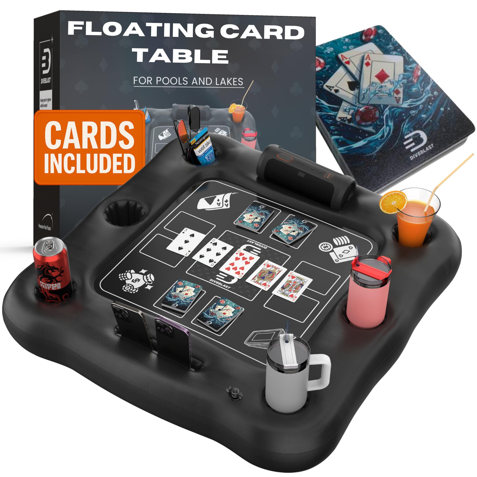 DIVEBLAST floating card table on pool surface with waterproof cards for dry gameplay