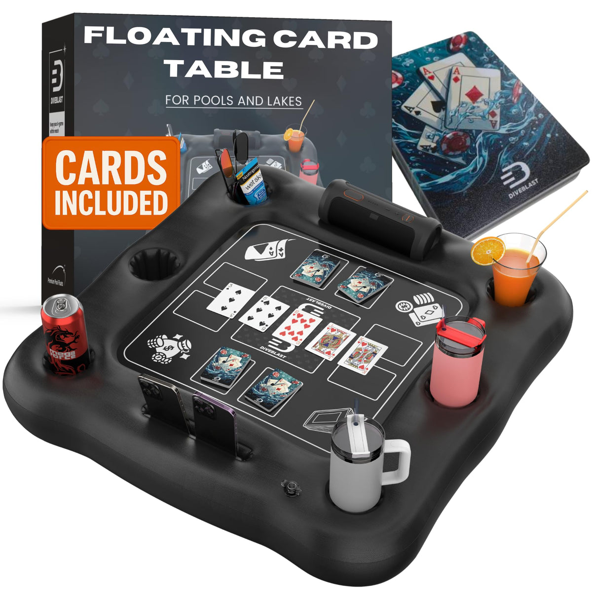 DIVEBLAST floating card table on pool surface with waterproof cards for dry gameplay