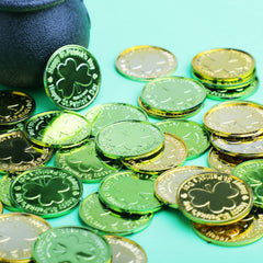 DIYASY Shamrock coin green back view, lightweight plastic party charm.