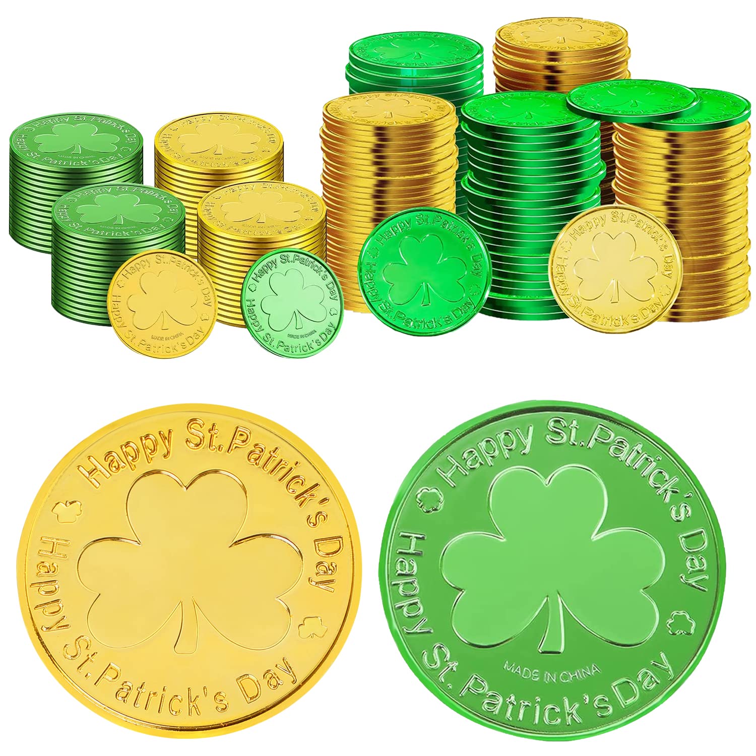 DIYASY 144-piece shamrock coin pack in green and gold.