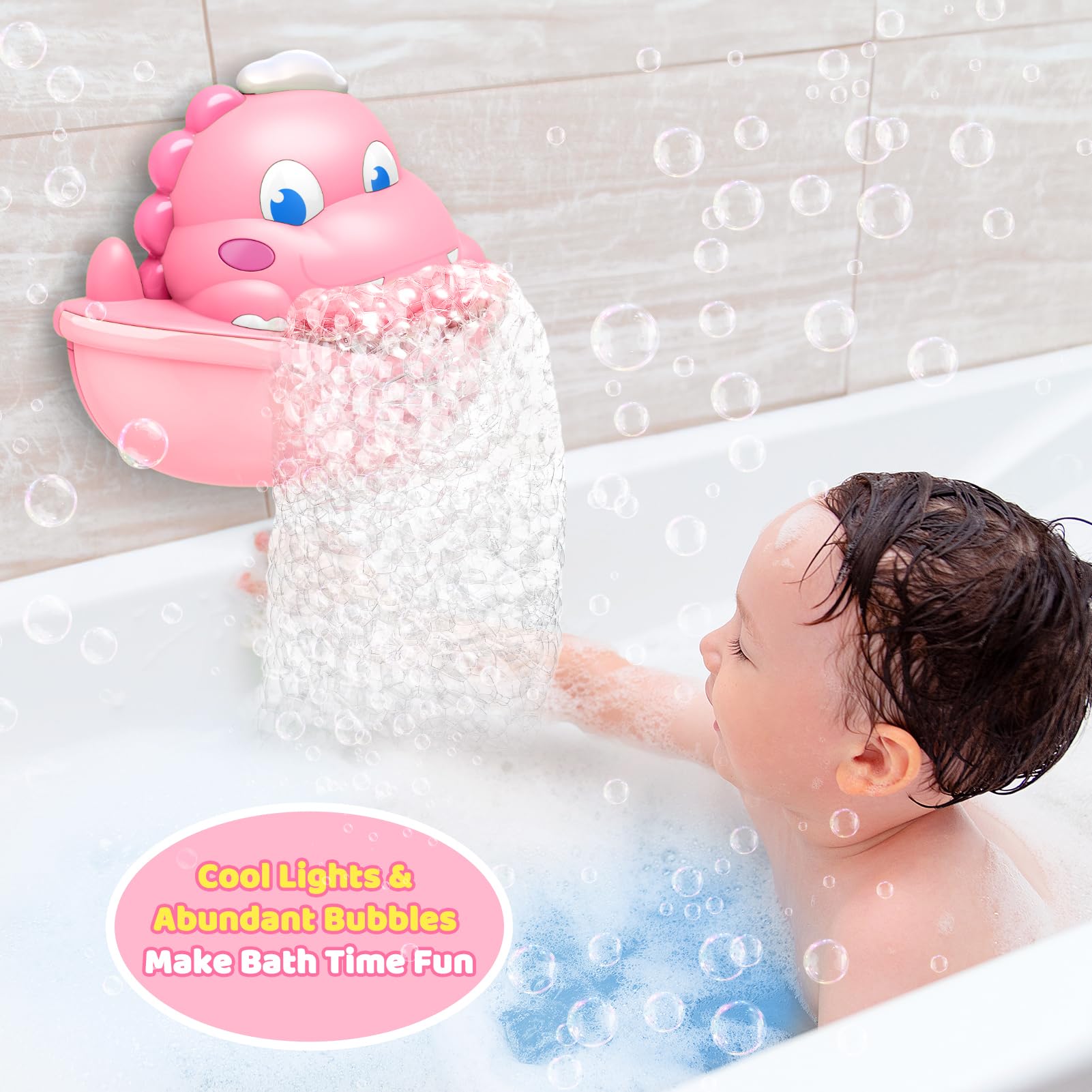 Diyfrety dinosaur bath toy hanging on wall, ready for bath time.