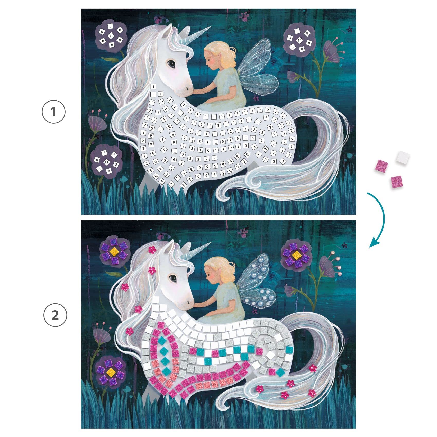 DJECO Enchanted World kit contents including four illustrated cards and rhinestones.
