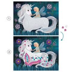 DJECO Enchanted World kit contents including four illustrated cards and rhinestones.