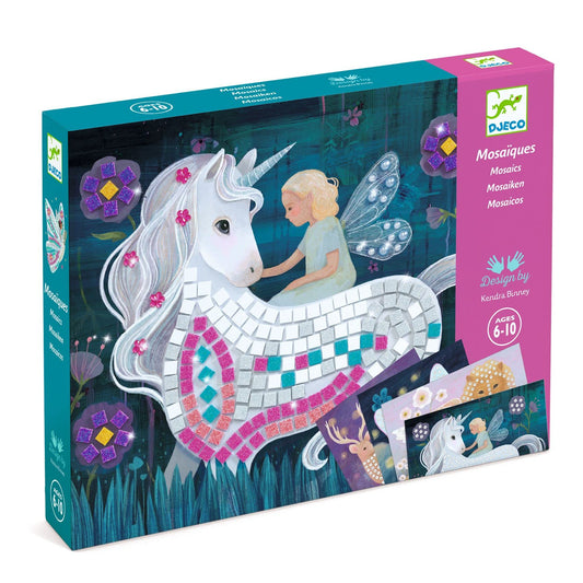 DJECO Enchanted World mosaic kit glitter foam squares for sparkling art projects.